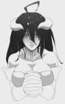  1girl ahoge albedo bare_shoulders breasts cleavage demon_girl detached_collar elbow_gloves gloves hair_between_eyes hands_clasped horns huge_ahoge large_breasts long_hair monochrome overlord_(maruyama) shaded_face slit_pupils smile solo upper_body whistle_frog 