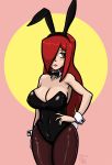  1girl animal_ears blush bowtie breasts bunnysuit cleavage detached_collar fake_animal_ears hair_over_one_eye hand_on_hip highres large_breasts long_hair pantyhose parasoul_(skullgirls) rabbit_ears redhead skullgirls slow_anon solo wrist_cuffs yellow_eyes 