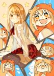  &gt;_&lt; +_+ 1girl animal_costume black_legwear blonde_hair blush brown_eyes chibi collage doma_umaru hamster_costume himouto!_umaru-chan long_hair nose_bubble pout school_uniform sitting skirt smile solo sparkle thigh-highs tthal wariza 