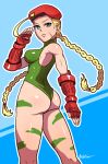  1girl ahoge akairiot ass beret blonde_hair blue_eyes bodypaint braid breasts cammy_white camouflage elbow_gloves fingerless_gloves from_behind gloves hat huge_ahoge leotard long_hair looking_back revision salute scar solo street_fighter thong_leotard twin_braids 
