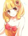  1girl bare_shoulders blonde_hair bow brown_eyes flower flying_sweatdrops hair_flower hair_ornament highres kashiwagi_chisame kise_yayoi looking_at_viewer precure smile_precure! solo strapless sunflower tubetop upper_body 