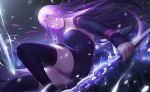  1girl bare_shoulders black_dress black_legwear cangkong chain city collar dagger dress elbow_gloves facial_mark fate/stay_night fate_(series) forehead_mark gloves glowing glowing_eyes highres long_hair looking_at_viewer night night_sky panties purple_hair purple_panties rider sky solo thigh-highs underwear violet_eyes weapon 