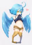  1girl ahoge blue_hair blue_wings breasts feathered_wings full_body hap_sunnyday harpy heart monster_girl monster_musume_no_iru_nichijou mouth_hold navel papi_(monster_musume) short_shorts shorts simple_background solo standing talons under_boob wings yellow_eyes 