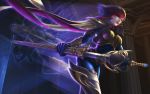  1girl absurdres bodysuit boots breastplate fiora_laurent hair_over_one_eye highres league_of_legends multicolored_hair rapier sheath sword tagme thigh-highs thigh_boots unsheathing weapon 