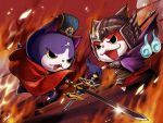  cao_cao cao_cao_(cosplay) cat fuyunyan helmet jibanyan no_humans open_mouth polearm romance_of_the_three_kingdoms sangoku_musou scar shiranami_(kominato) sword weapon youkai youkai_sangokushi youkai_watch zhao_yun zhao_yun_(cosplay) 