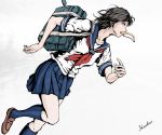 1girl artist_name black_hair blue_legwear commentary_request food_in_mouth hoshino_tatsuya kneehighs mouth_hold original pleated_skirt running school_uniform serafuku skirt solo toast toast_in_mouth 