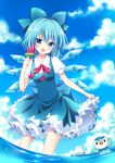  1girl blue_hair bow cirno crossover food fruit mayo_(miyusa) piplup pokemon pokemon_(creature) popsicle solo touhou watermelon wings wooper 