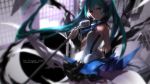  1girl 7th_dragon_(series) 7th_dragon_2020 aqua_eyes aqua_hair bare_shoulders detached_sleeves hatsune_miku highres long_hair looking_at_viewer microphone microphone_stand shirt skirt solo swd3e2 torn_clothes torn_sleeves twintails very_long_hair vocaloid 
