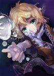  1girl air_bubble arm_warmers asphyxiation blonde_hair frown green_eyes highres layered_dress looking_at_viewer mizuhashi_parsee outstretched_hand reaching_out scarf short_hair sinking solo touhou underwater ziran_juan 