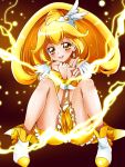  1girl absurdres bike_shorts blonde_hair blush brown_background choker cure_peace earrings electricity highres jewelry kise_yayoi long_hair magical_girl precure sharumon shoes shorts_under_skirt sitting skirt smile smile_precure! solo v white_shoes yellow_bike_shorts yellow_eyes yellow_skirt 