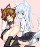  2girls animal_ears black_legwear black_skirt blue_eyes blush brown_eyes brown_hair dog_ears dog_tail folded_ponytail hibiki_(kantai_collection) inazuma_(kantai_collection) inyucchi kantai_collection kemonomimi_mode kneehighs long_hair long_sleeves multiple_girls neckerchief nose_blush open_mouth pleated_skirt ponytail school_uniform serafuku silver_hair skirt striped striped_legwear tail 