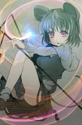  1girl alternate_eye_color animal_ears ass blush capelet dowsing_rod glowing grey_hair legs_up long_sleeves looking_at_viewer mouse_ears mouse_tail nazrin open_mouth radiosity_(yousei) shirt short_hair skirt skirt_set smile socks solo tail touhou violet_eyes 