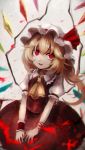  1girl arm_ribbon ascot asymmetrical_hair blonde_hair blood blurry crystal fang flandre_scarlet hat hat_ribbon highres looking_at_viewer looking_up maho_moco mob_cap open_mouth puffy_sleeves red_eyes ribbon shirt short_sleeves side_ponytail skirt skirt_set smile solo touhou vest wings wrist_cuffs 