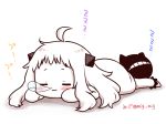  1girl ahoge blush closed_eyes commentary_request dress horns long_hair lying migu_(migmig) mittens northern_ocean_hime nose_bubble on_floor on_stomach pale_skin shinkaisei-kan simple_background sleeping solo translation_request white_background white_dress white_hair white_skin 