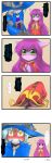  1boy 1girl 4koma absurdres animal_ears blush chinese clenched_teeth comic crying fairy fairy_wings green_eyes hat hidden_eyes highres league_of_legends lulu_(league_of_legends) pix purple_hair purple_skin saliva saliva_trail scar staff startled sweatdrop tears translation_request veigar white_hair wings yan531 yordle 