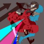  1boy 1girl back-to-back blue_eyes character_request dress glowing glowing_eyes gun handgun kagerou_project long_hair looking_at_viewer massuru revolver sandals serious twintails weapon 