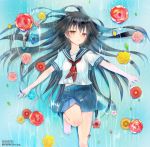  1girl afloat black_hair flower long_hair merueto original school_uniform solo 