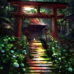  akira_(mydictionary) cat flower highres hydrangea nature no_humans original shrine stairs torii 