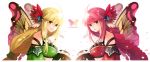  2girls blonde_hair breasts butterfly butterfly_wings green_eyes highres long_hair looking_at_viewer multiple_girls pink_hair rednian simple_background smile tartaros_online white_background wings 