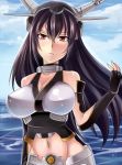  1girl bare_shoulders black_hair breasts cleavage elbow_gloves fingerless_gloves gloves hairband headgear kantai_collection long_hair glasses_man midriff nagato_(kantai_collection) red_eyes 