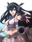  &gt;:o 1girl :o bare_shoulders black_gloves black_hair breasts brown_eyes cannon elbow_gloves fingerless_gloves gloves hair_between_eyes hairband headgear highres kantai_collection large_breasts long_hair looking_at_viewer mecha_musume midriff nagato_(kantai_collection) navel nuqura open_mouth outdoors outstretched_hand pleated_skirt skirt solo turret upper_body 