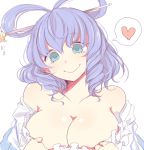  1girl bare_shoulders bianco_(mapolo) blue_eyes blue_hair breasts cleavage hair_ornament hair_rings hair_stick heart kaku_seiga large_breasts looking_at_viewer off_shoulder short_hair simple_background smile solo speech_bubble touhou upper_body white_background 