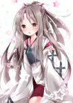  1girl breastplate brown_eyes commentary_request hair_ribbon kantai_collection long_hair long_sleeves looking_at_viewer nanase_nao open_mouth ribbon shirt silver_hair skirt solo star very_long_hair wide_sleeves zuihou_(kantai_collection) 