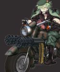  1boy ammunition_belt artist_name boots bullet camouflage camouflage_pants flippy gatling_gun gloves green_hair grin gun happy_tree_friends kaboom-chuck military military_uniform motor_vehicle motorcycle pants personification riding sharp_teeth simple_background smile spiky_hair uniform vehicle weapon 