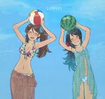  2girls alternate_costume alternate_hairstyle amagi_(kantai_collection) armpits ball bare_arms bare_shoulders beachball bikini blue_bikini blue_hair breasts brown_hair cleavage closed_eyes english fig_(lchijiku) floral_print flower food front-tie_top fruit grin hair_flower hair_ornament halterneck kantai_collection katsuragi_(kantai_collection) long_hair midriff mole mole_under_eye multiple_girls navel open_mouth ponytail sarong side_ponytail skirt smile swimsuit watermelon 