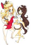  2girls agnes_oblige arm_around_waist barefoot black_hair blonde_hair blue_eyes blush bravely_default:_flying_fairy breast_press breasts brown_eyes butt_crack cleavage edea_lee full_body hair_ornament hand_on_hip long_hair multiple_girls one-piece_swimsuit rafchu red_swimsuit swimsuit symmetrical_docking tankini white_swimsuit 