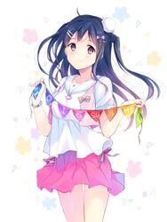  1girl black_hair blush brown_eyes hair_ornament hairclip holding long_hair looking_at_viewer original ousaka_nozomi skirt smile solo thighs wristband 