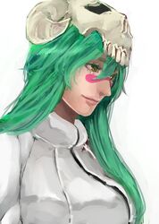  1girl agatsumaattsu arrancar bleach breasts facial_mark green_hair long_hair looking_away nelliel_tu_odelschwanck skull smile solo 