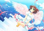  1girl brown_hair cardcaptor_sakura green_eyes hoshi_no_tsue kero kinomoto_sakura leg_garter magical_girl natsuka_(unagi-unagi-unagi) short_hair wings 