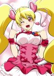  1girl ;d blonde_hair cure_peach fresh_precure! fuchi_(nightmare) heart highres long_hair looking_at_viewer magical_girl momozono_love one_eye_closed open_mouth pink_eyes precure smile solo translation_request twintails 
