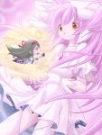  2girls akemi_homura black_hair brown_eyes chibi choker commentary_request dress eye_contact giantess gloves goddess_madoka hair_ribbon highres hohetomaru kaname_madoka long_hair looking_at_another magical_girl mahou_shoujo_madoka_magica multiple_girls open_mouth pink_hair ribbon size_difference smile spoilers thigh-highs two_side_up very_long_hair violet_eyes 