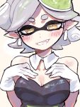  +_+ 1girl black_dress blush breasts cleavage collarbone detached_collar dress fangs gloves grin hair_rings hands_on_own_chest hotaru_(splatoon) looking_at_viewer mera_(keel) object_on_head short_hair silver_hair smile solo splatoon strapless_dress symbol-shaped_pupils twitter_username upper_body white_gloves yellow_eyes 