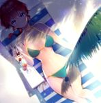  1girl bikini blue_eyes braid drink from_above genderswap highres linebj long_hair lying ranma-chan ranma_1/2 redhead saotome_ranma single_braid swimsuit 