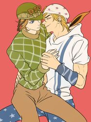  blonde_hair blue_eyes cosplay costume_switch diego_brando diego_brando_(cosplay) hat johnny_joestar johnny_joestar_(cosplay) jojo_no_kimyou_na_bouken kilva_lollop red_eyes steel_ball_run 