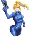  1girl absurdres blonde_hair blue_eyes bodysuit breasts clenched_hand cropped_legs gun handgun highres large_breasts long_hair metroid ponytail ryukenden samus_aran skin_tight solo trigger_discipline watermark weapon zero_suit 