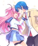  1boy 1girl angel_beats! blue_hair blush couple demon_tail fang highres hinata_(angel_beats!) kousetsu open_mouth pink_hair school_uniform skirt smile tail two_side_up yui_(angel_beats!) 