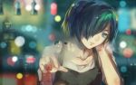  1girl blue_eyes blue_hair building collarbone copyright_name finger_writing fuurin hair_over_one_eye kirishima_touka lights lips parted_lips reflection short_hair skyscraper solo tokyo_ghoul tokyo_ghoul:re window writing 