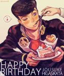  1boy black_hair blush cake feeding food fork gakuran happy_birthday higashikata_jousuke jojo_no_kimyou_na_bouken one_eye_closed pompadour school_uniform solo uko_(moi08) violet_eyes 