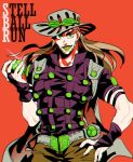  1boy anz ball blonde_hair cape green_eyes green_lipstick gyro_zeppeli hat jojo_no_kimyou_na_bouken lipstick long_hair makeup solo steel_ball_run 