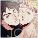  2boys blonde_hair brown_hair caesar_anthonio_zeppeli cheek_press facial_mark fingerless_gloves gloves green_eyes headband jojo_no_kimyou_na_bouken joseph_joestar_(young) multiple_boys rena_(renasight) 