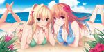  2girls bikini blonde_hair blue_eyes breasts cleavage lying multiple_girls on_stomach orange_hair original saikawa_yusa swimsuit thong_bikini violet_eyes 