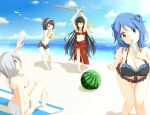  4girls beach bikini blue_eyes blue_hair breasts double_bun food fruit hair_ornament hairband hamakaze_(kantai_collection) isokaze_(kantai_collection) kantai_collection kuro-ra multiple_girls popsicle short_hair silver_hair suikawari swimsuit tagme tanikaze_(kantai_collection) urakaze_(kantai_collection) watermelon 