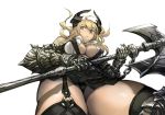  1girl axe black_legwear blonde_hair blue_eyes breasts cleavage garter_straps gauntlets holding_weapon horns original shinazo simple_background solo thigh-highs weapon white_background 