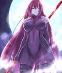  1girl bodysuit breasts fate/grand_order fate_(series) full_moon iwanaga_tm lancer_(fate/grand_order) long_hair moon polearm purple_hair red_eyes solo spear weapon 