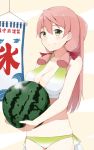  1girl akashi_(kantai_collection) bandana bikini blush breasts food fruit green_eyes hair_ribbon kantai_collection kooribata large_breasts long_hair looking_at_viewer pink_hair ribbon smile solo sui_(tsuruhibiki) swimsuit tress_ribbon twintails watermelon 