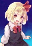  1girl :d blonde_hair hair_ribbon open_mouth ribbon rumia shirt short_hair skirt smile tomobe_kinuko touhou vest wing_collar yellow_eyes 